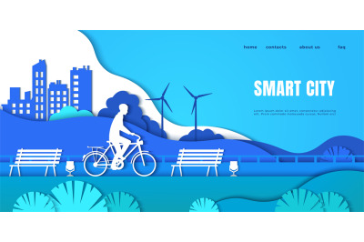 Smart city landing page. Cartoon man on electric vehicle, origami boy