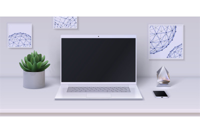 Workspace. Realistic desktop with modern devices and office stationery