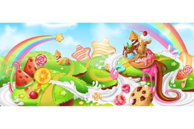 Landscape with sweets. Cartoon candy land with chocolate farmhouse, mi