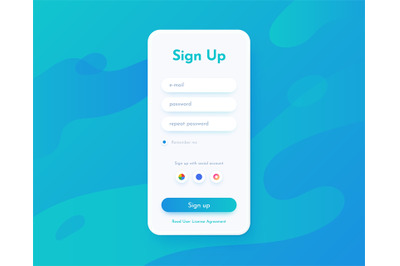 Sign up screen. Mobile app UI for registration with login and password