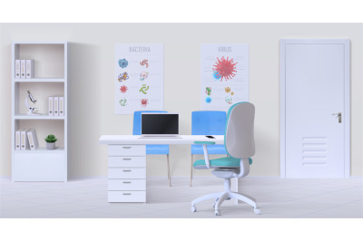 Doctor office interior. Realistic 3D empty clinic cabinet with work de