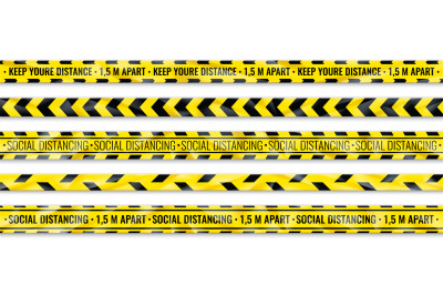 Distance warning tape. Social distancing yellow seamless ribbon. Floor