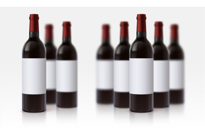 Wine bottle mockup. Realistic blurred 3D glass vessels with red bevera