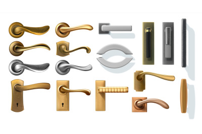 Door handles. 3D realistic window furniture, steel, silver and copper