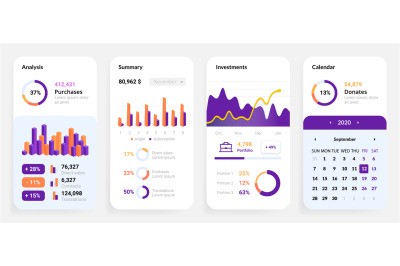 Phone app UI. Mobile dashboard set. Smartphone application with invest