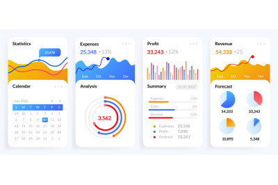 Mobile charts UI. Phone screen with dashboard analytics, diagrams and