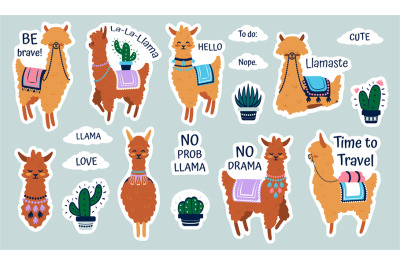 Lama stickers. Cute cartoon alpaca emblems for kids notebooks&2C; hand dr