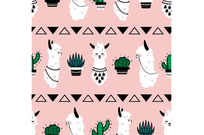 Cartoon lama pattern. Seamless texture of cute alpaca head with orname