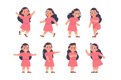 Girl expressions. Cartoon kid with different types of emotions, smile