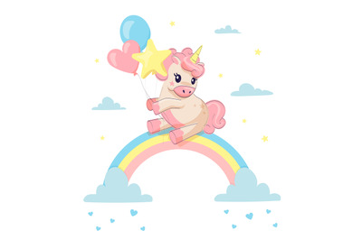 Unicorn on rainbow. Fairy tale character in sky holding balloons. Cart