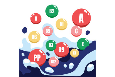 Vitamin complex. Cartoon microelements, round capsules with letters an