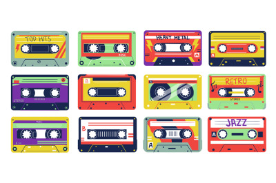 Cassette. Retro song tapes. Colorful multimedia device. 80s or 90s old