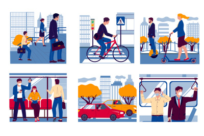 People in transport. Realistic men and women moving to work on foot, i