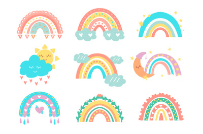 Cute rainbows. Kids doodle collection of sun&2C; rainbow and clouds art&2C;