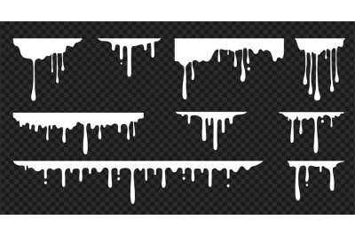 White dripping stain. Realistic melt drips. Liquid horizontal paint sp