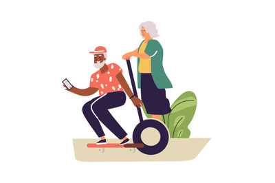 Older people lead active lifestyle. Old woman on segway and senior man