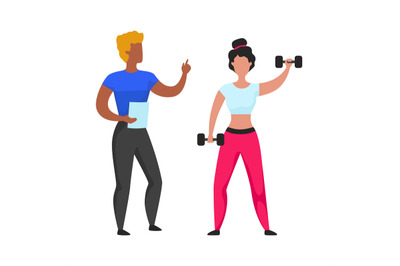 Workout cardio and weightlifting with personal gym coach. Woman traini