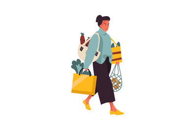 Woman with shopping bags. Young female walking from greengrocer store.