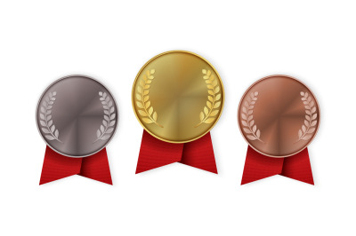 Champion medal with red ribbon. Gold, silver or bronze badges with lau