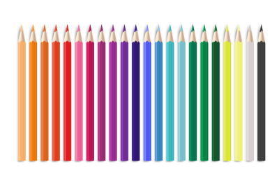 Realistic colorful pencil. Office or school items arranged in line by