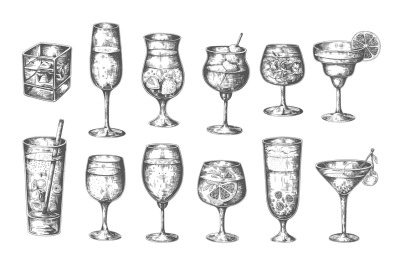 Sketch cocktails. Vector hand drawn glasses with alcoholic drinks, col