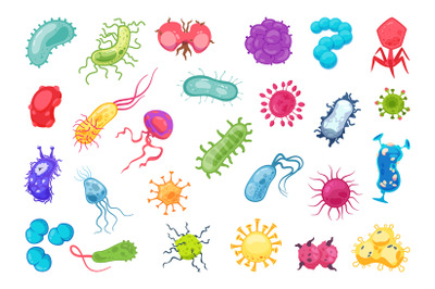 Virus flu infection. Cartoon microorganisms, colorful bacteria. View t