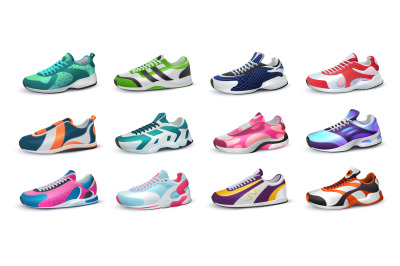 Various realistic sneakers. Colorful footwear. Collection of modern sp