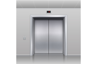 Realistic elevator. Closed metallic cabin doors. Hall interior, buildi