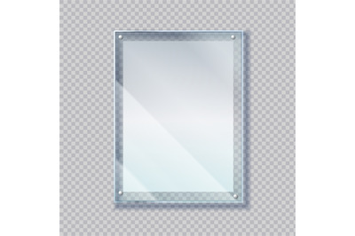 Realistic poster in glass frame. 3D sheet of paper under plastic prote