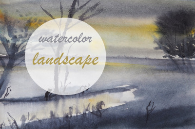 watercolor landscape and nature with tree. sun and river