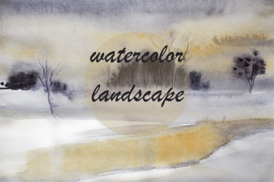 watercolor nature and landscape. spring landscape. trees and river and