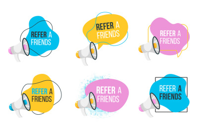 Refer friends badges with loudspeaker. Shop promo advertising banner&2C;