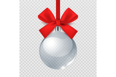 Realistic Christmas ball. Xmas eve decor on bright ribbon&2C; glass trans