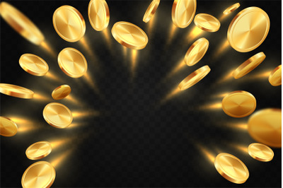 Golden flying coins. Approaching cash flow on black background, 3D mon