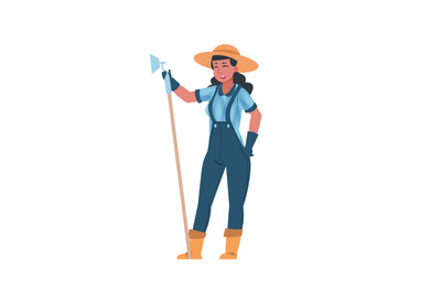 Woman farming. Cute girl stands with hoe, garden equipment and outfit