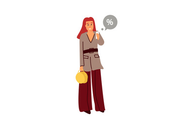 Woman with phone. Female with speech bubble, standing adult girl holdi