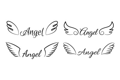 Cartoon flying angel wings. Isolated signatures and one-line drawing.