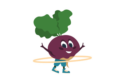 Cartoon beet doing fitness activities. Vegetable talisman twisting hoo