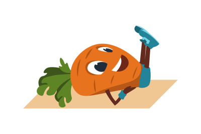 Cartoon carrot doing exercise. Sport activity in gym or home. Vegetabl