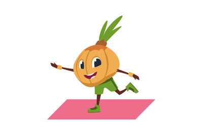 Cartoon onion character doing yoga. Pilates and aerobics training, spo