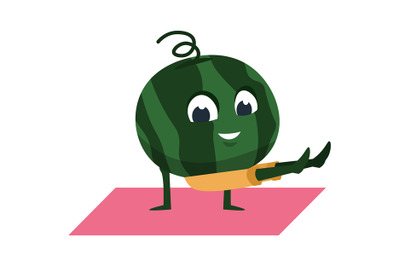 Fruit yoga. Mascot on gymnastic mat. Watermelon character doing sport