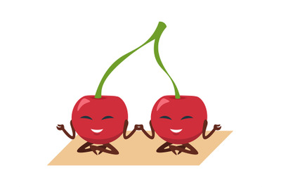 Funny cherry yoga. Berries set on gymnastic mat, fruit mascot meditati