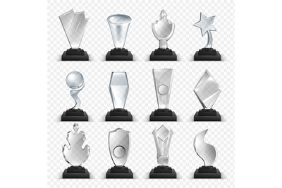 Glass awards. 3D winner prizes from transparent material. Champion cup