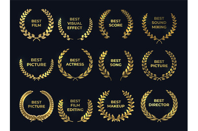 Golden laurel or palm wreath. Leaf shapes winner prize, cinema awards.