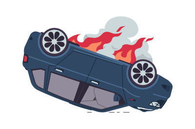 Burning car. Automobile crash, auto accident, inverted car with fire,