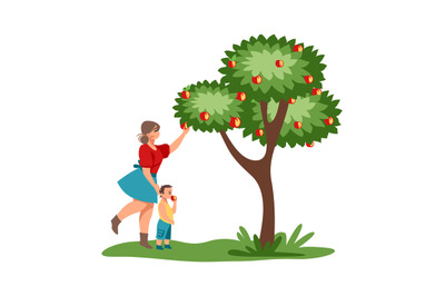 Harvesting. Cute woman gathering juicy fruits from tree. Mother and ch