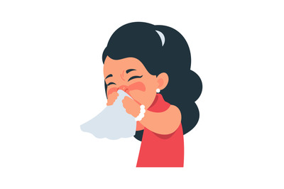 Sneezing girl. Kid blows nose into handkerchief. Respiratory illness s