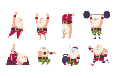 Christmas Santa exercises. Cartoon character doing activities at gym.