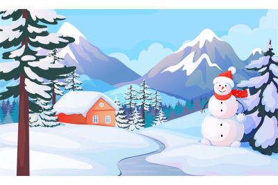 Winter snowman landscape. House in snowy mountain valley. Cartoon back