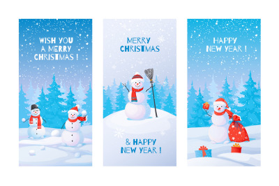 Winter posters. Snowman with snowdrifts. Winter landscape with Christm